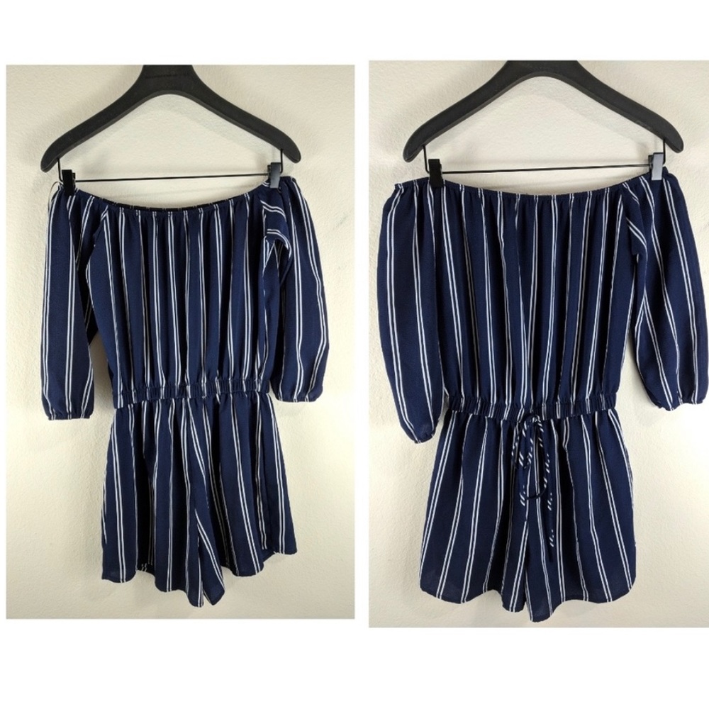 A'gaci Nautical Off the Shoulder Blue White Romper